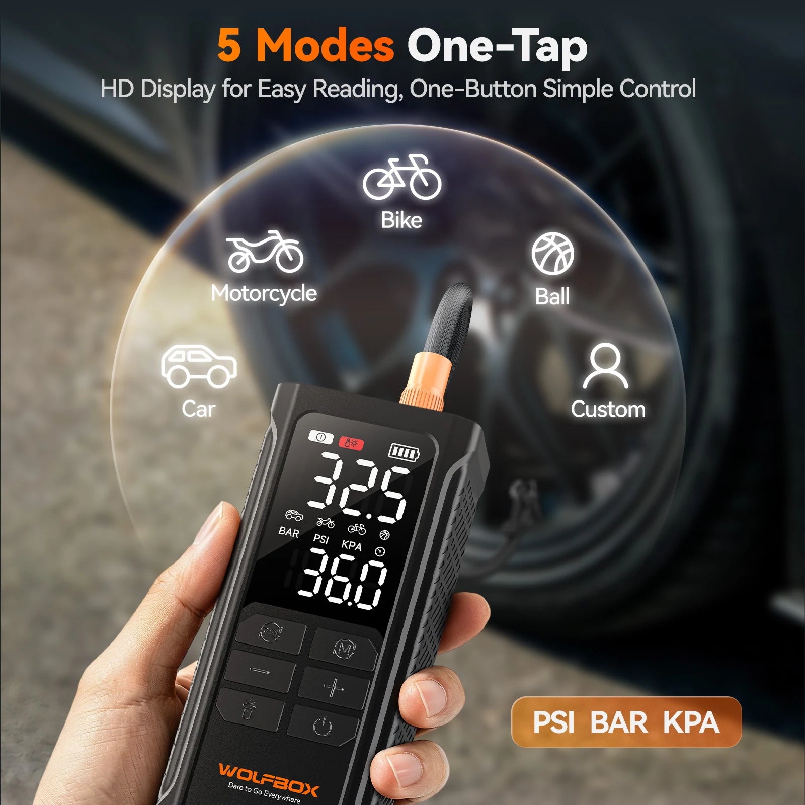 tire inflator switching five preset modes with one tap on a clear hd display | WOLFBOX HyperFlow19