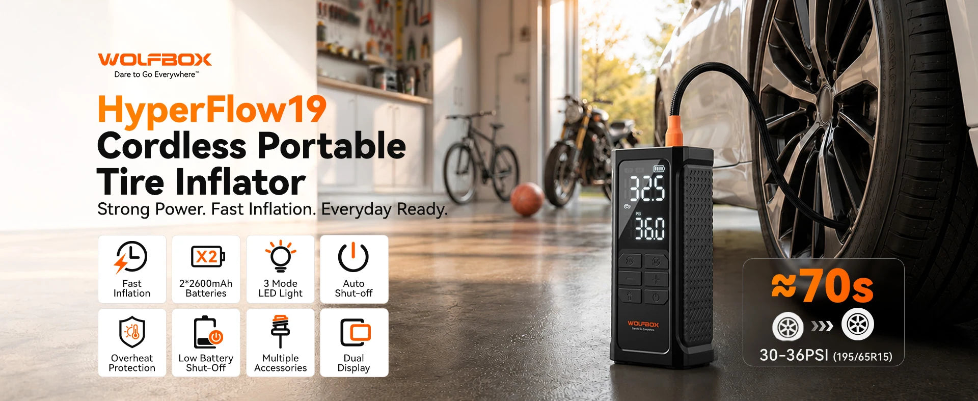 cordless tire inflator standing beside a car tire in a garage with key features | WOLFBOX HyperFlow19