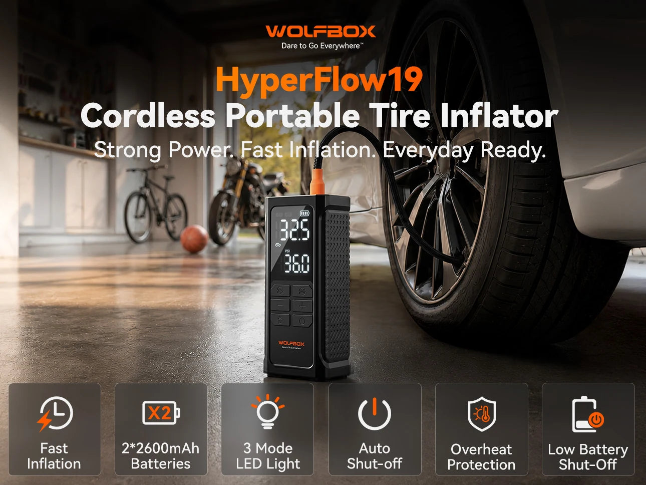 cordless tire inflator standing beside a car tire in a garage with key features | WOLFBOX HyperFlow19