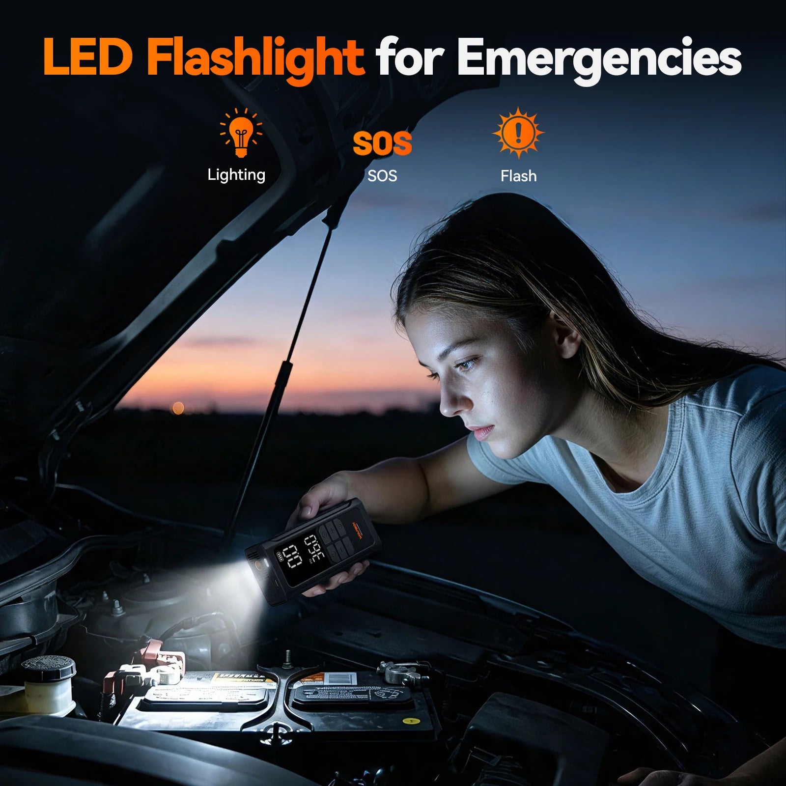 tire inflator lighting a car engine bay at night with its led emergency flashlight | WOLFBOX HyperFlow19