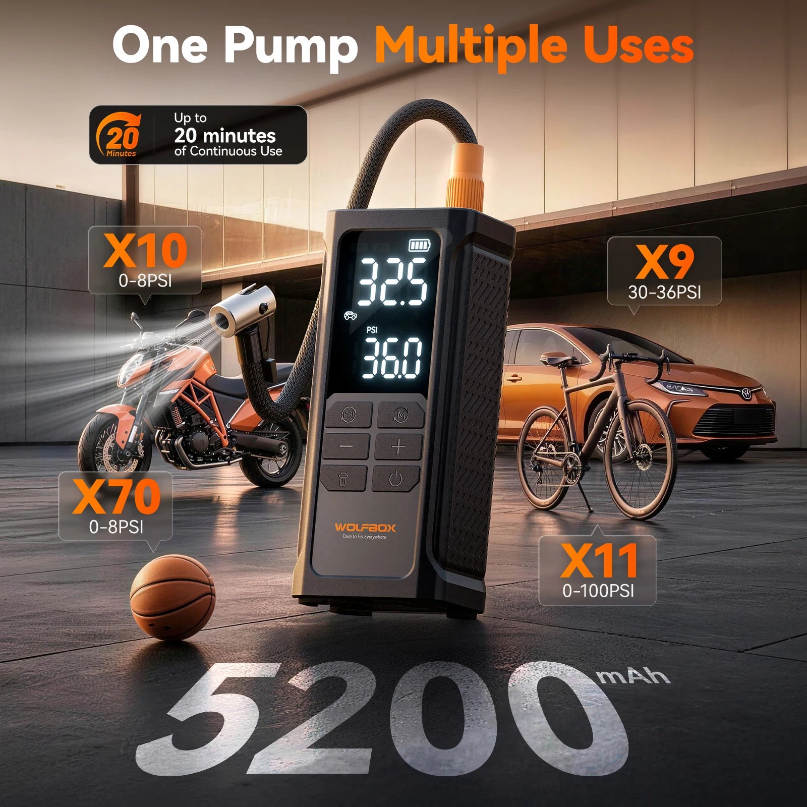 tire inflator filling car motorcycle bicycle and basketball on a single charge | WOLFBOX HyperFlow19