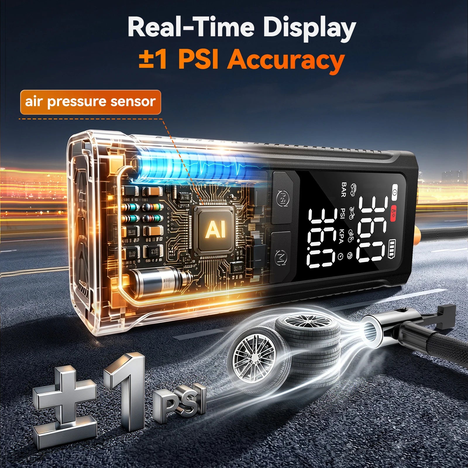 tire inflator reading tire pressure in real time with one psi accuracy | WOLFBOX HyperFlow19