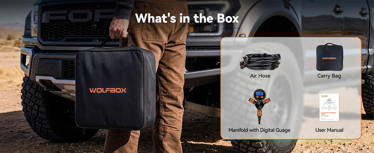 box contents air hose carry bag manifold with digital gauge and user manual | WOLFBOX 4-Tire Inflation Kit