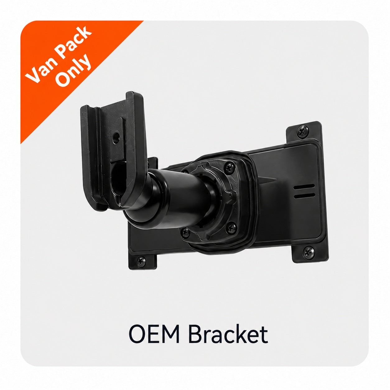 A black Wolfbox OEM bracket mount for rear view mirror dash cams, shown on a white background with a "Van Pack Only" corner label.