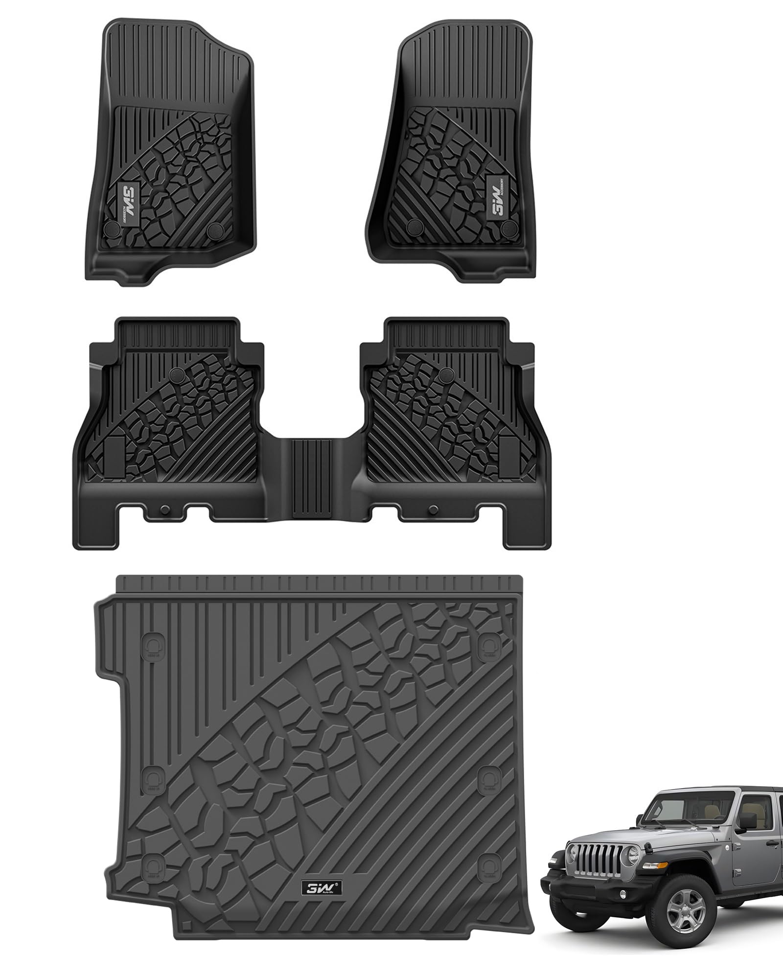 3W Jeep Wrangler JL (Non JK or 4XE) 2018-2023 Custom Floor Mats / Trunk Mat TPE Material & All-Weather Protection Vehicles & Parts 3w 2018-2023 Wrangler JL 2018-2023 with Subwoofer 1st&2nd Row Mats+Trunk Mat