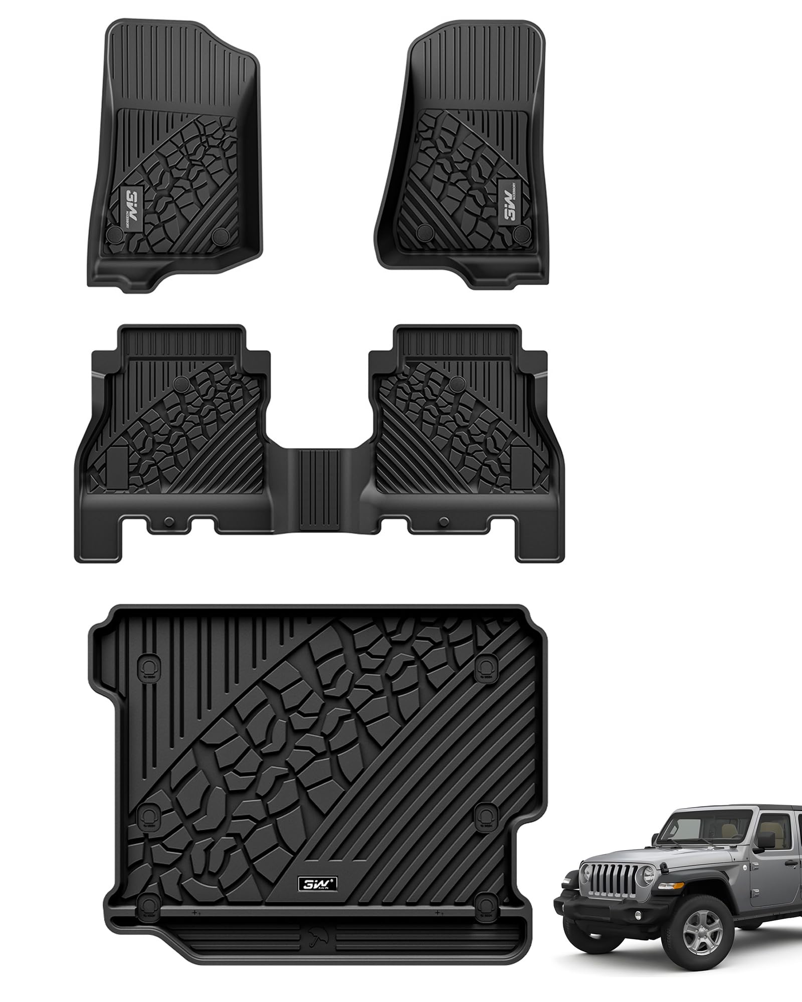 3W Jeep Wrangler JL (Non JK or 4XE) 2018-2023 Custom Floor Mats / Trunk Mat TPE Material & All-Weather Protection Vehicles & Parts 3w 2018-2023 Wrangler JL 2018-2023 without Subwoofer 1st&2nd Row Mats+Trunk Mat