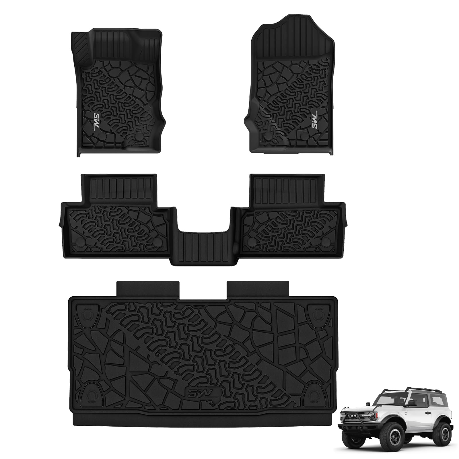 3W Ford Bronco 2-Door 2021-2023 Floor Mats Trunk Mats TPE Material & All-Weather Protection Vehicles & Parts 3Wliners 2021-2023 2-Door 2021-2023 1st&2nd Row Mats+Trunk Mat