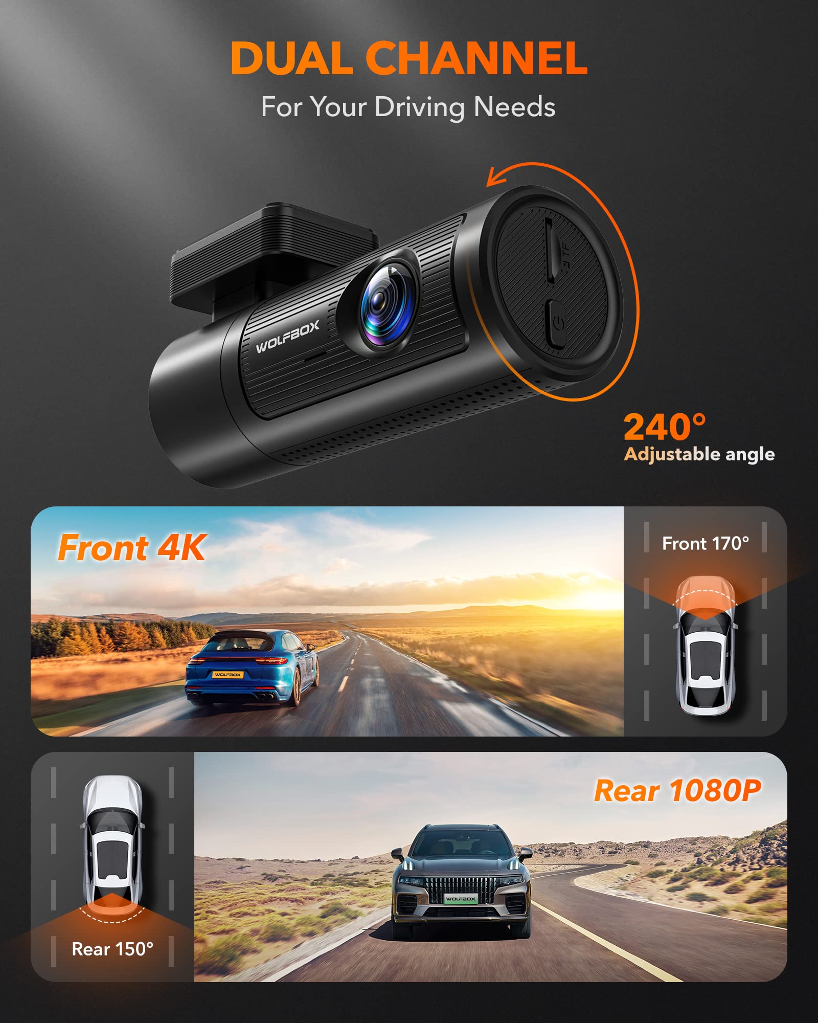 i05  WOLFBOX Dash Cam Front and Rear, 4K Dash Cam with GPS WiFi UHD 2