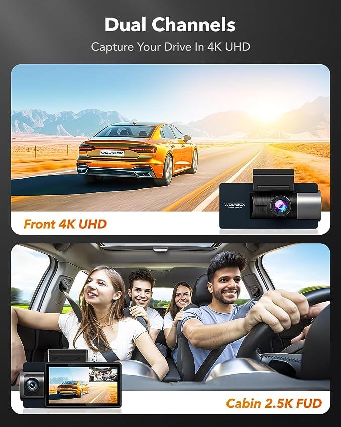 WOLFBOX I07 Dash Cam, 3 Channel Dash Cam Built in WiFi GPS, 4K+1080P Dash Camera Front and Inside, 2K 1440P+1080P+1080P, 3 LCD Super IR Night Vision
